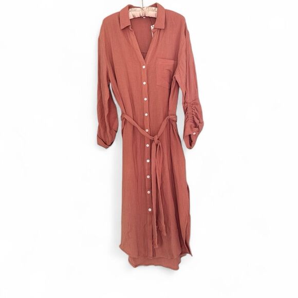 Heartloom Women's Button Front Gauzy Belted Isadora Shirt Dress Clay Medium NWT - Picture 3 of 11